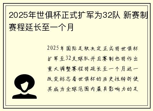 2025年世俱杯正式扩军为32队 新赛制赛程延长至一个月 2025年世俱杯正式扩军为32队 新赛制赛程延长至一个月